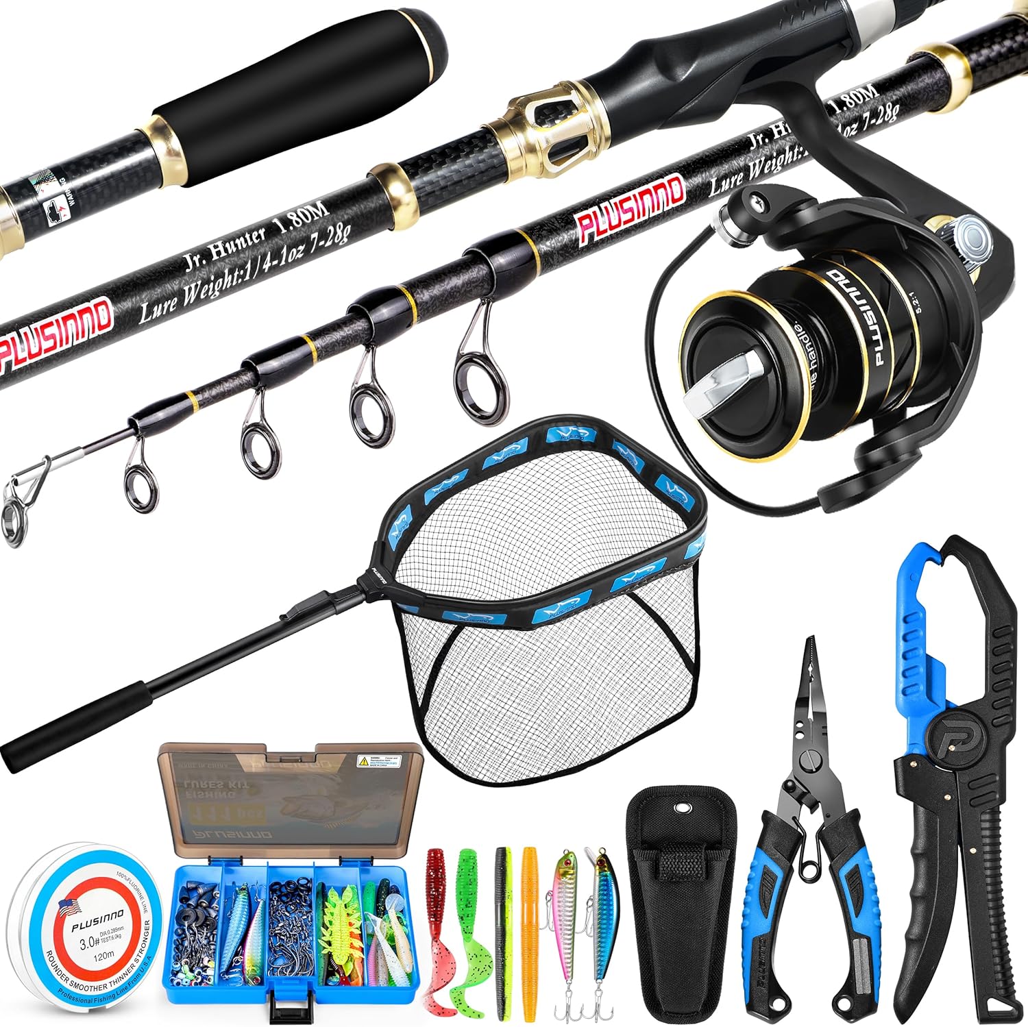 PLUSINNO Fishing Gear,Full Fishing Pole kit Include Fishing Rod and Reel Combo, Tackle Box with Fishing Lures, Fishing Accessories, Fishing Pliers,Fishing Gifts for Men with Fishing Tool Kit