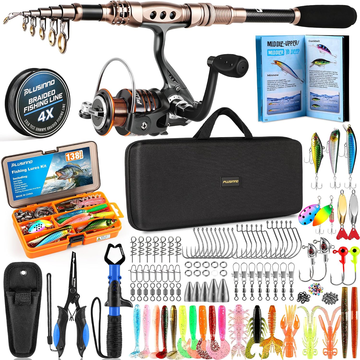 PLUSINNO Fishing Rod and Reel Combo with Telescopic Fishing Pole, Portable Travel Fishing Rods Kit with Tackle Box Carrier Bag &amp; Manuals, Fishing Gear Tool Kit for Freshwater, Fishing Gifts for Men
